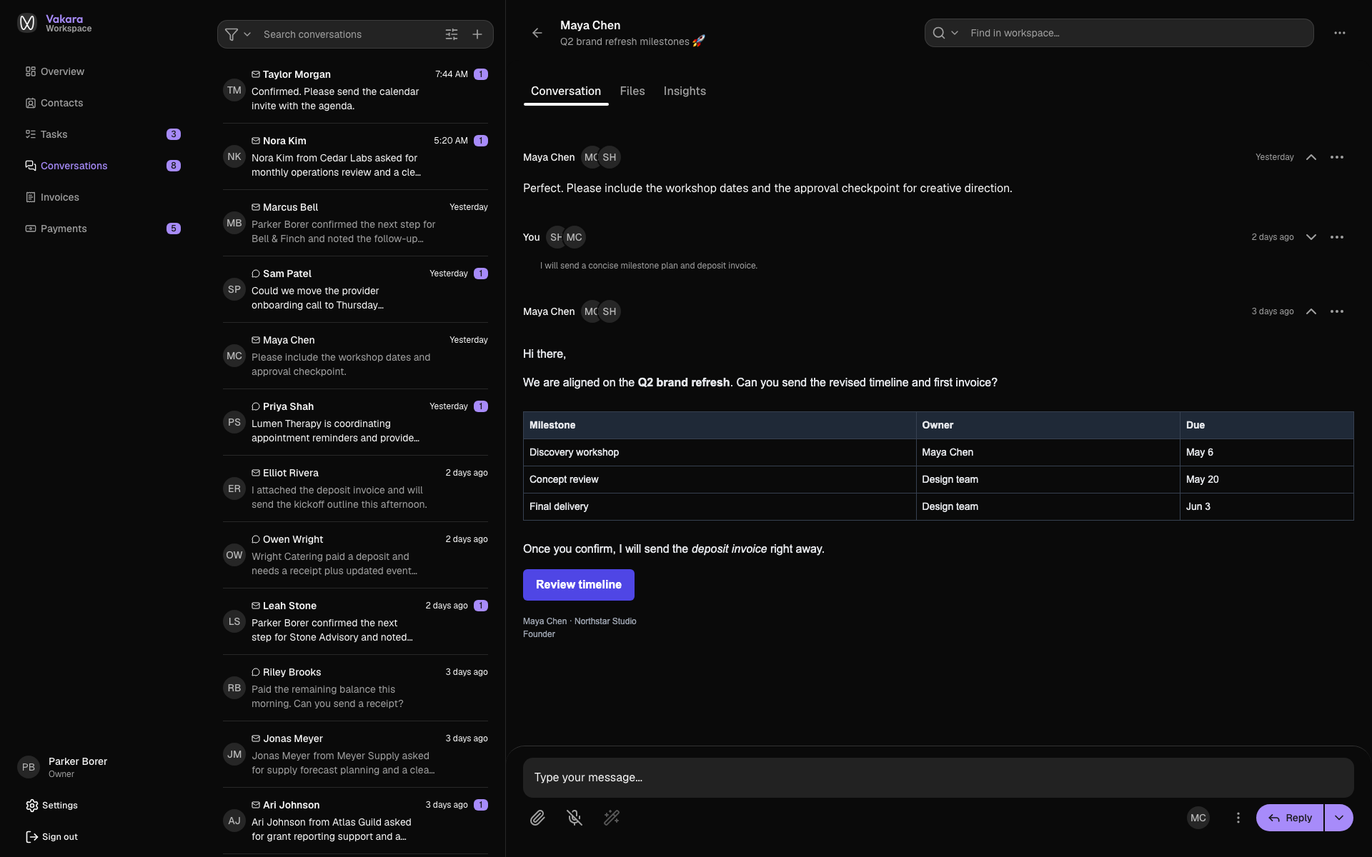 Vakara inbox showing a client email conversation with a fully rendered, richly formatted message